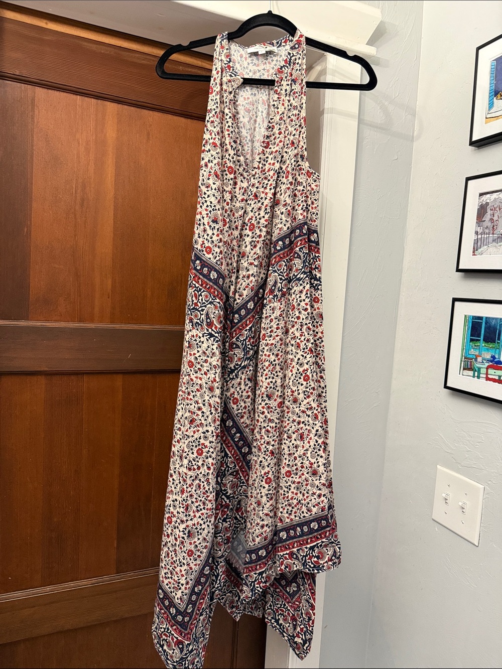 Rosetta Getty Cream Maxi Dress with Navy and Red Paisley Print